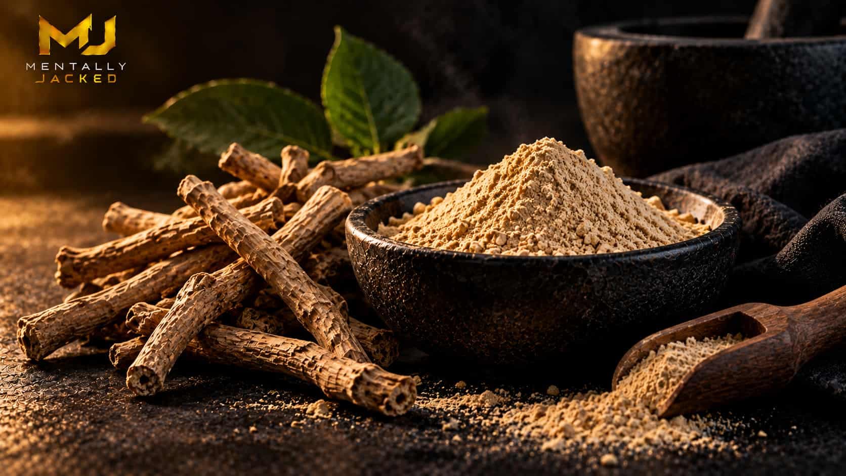 Dried ashwagandha root pieces beside a dish of beige root powder on a dark surface, representing standardised ashwagandha extracts