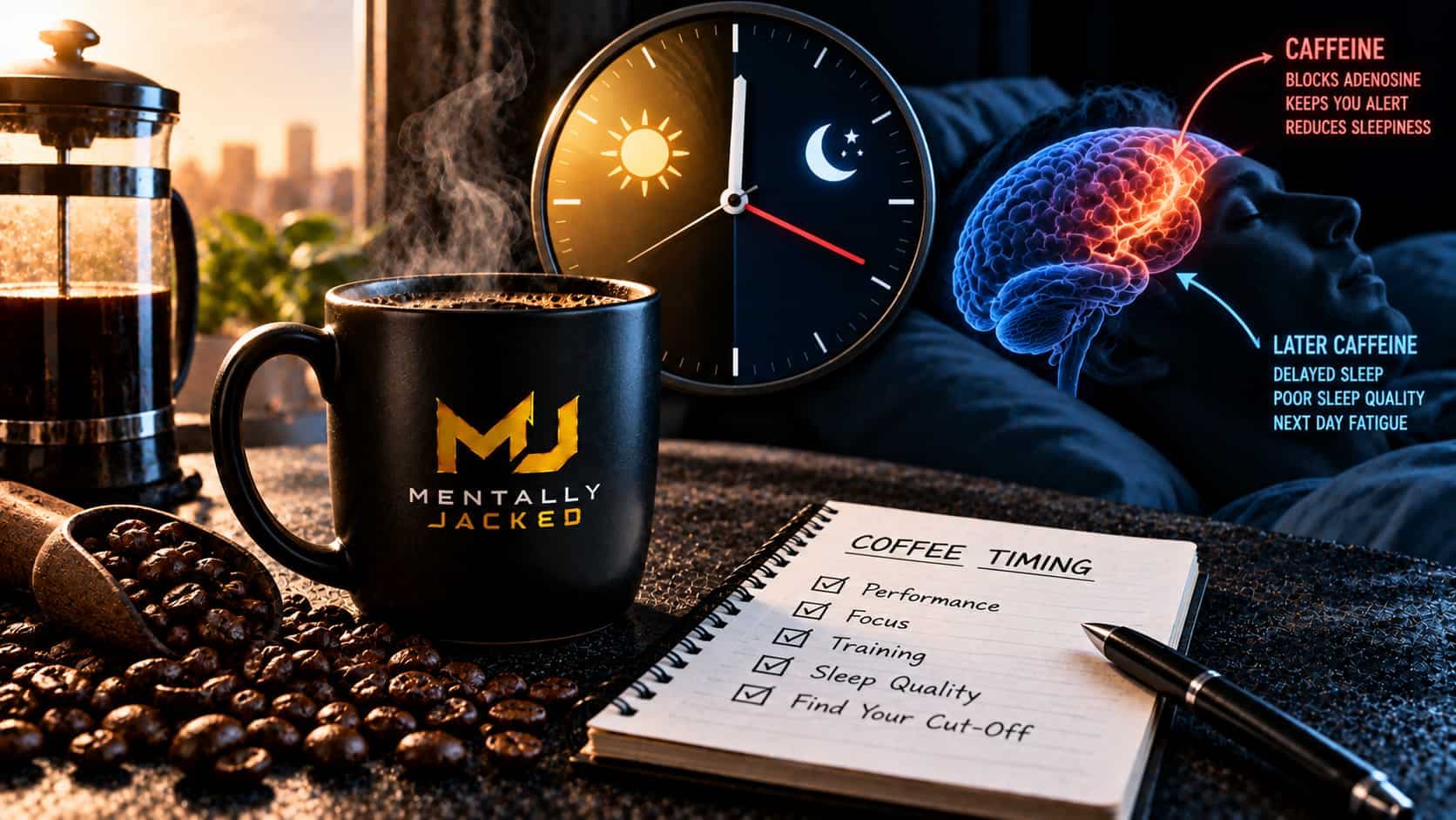 A small white espresso cup with a faint wisp of steam on a dark surface, representing how late-day caffeine affects sleep