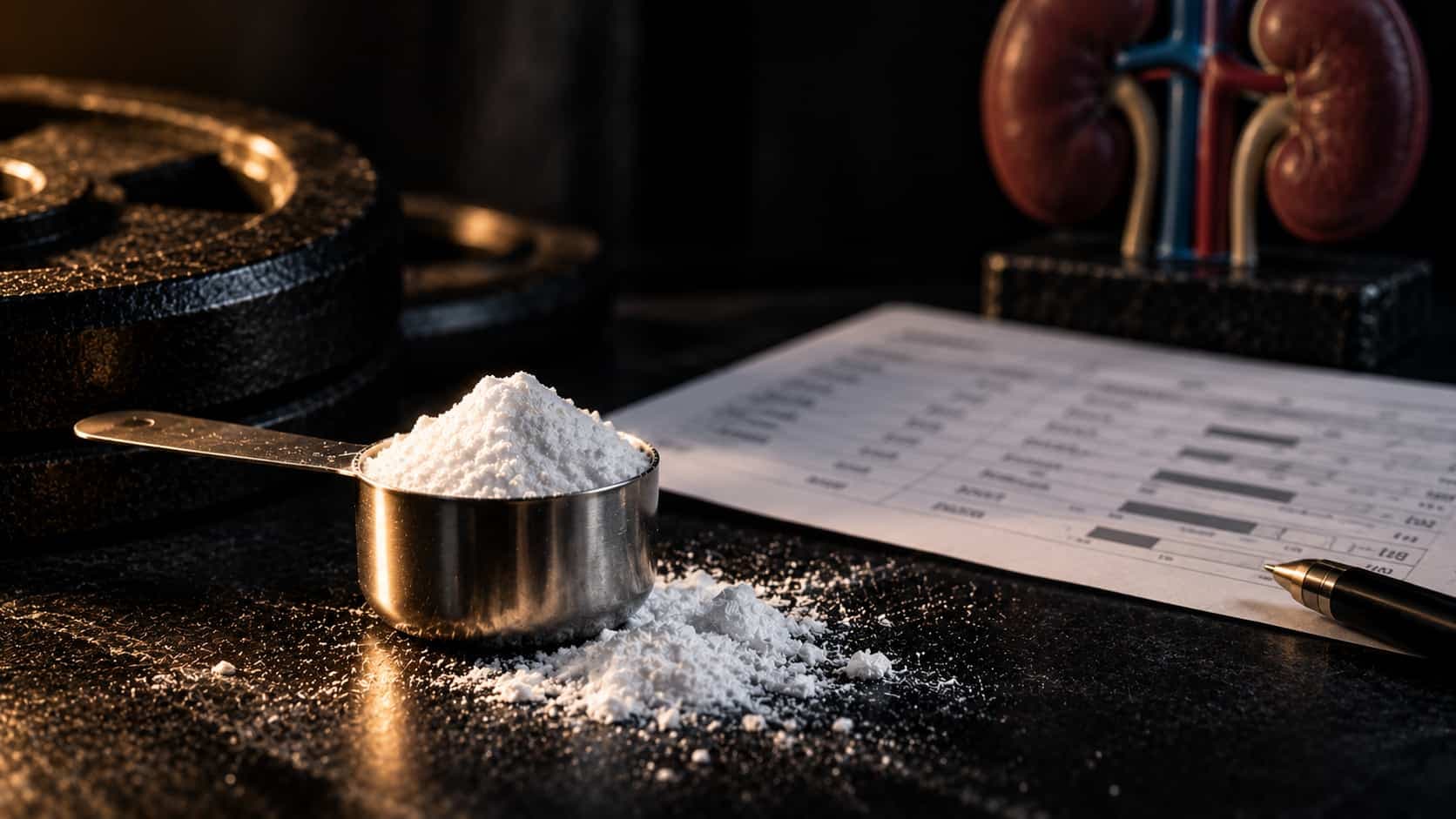 Creatine powder and a steel scoop beside a lab report, showing how creatine raises the creatinine marker on a kidney blood test