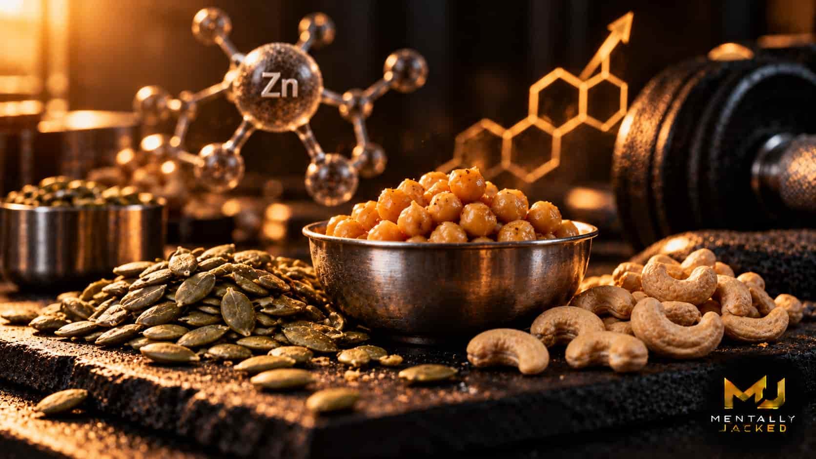 Raw pumpkin seeds scattered on dark slate beside whole cashews and a steel katori of cooked chickpeas, representing dietary zinc sources