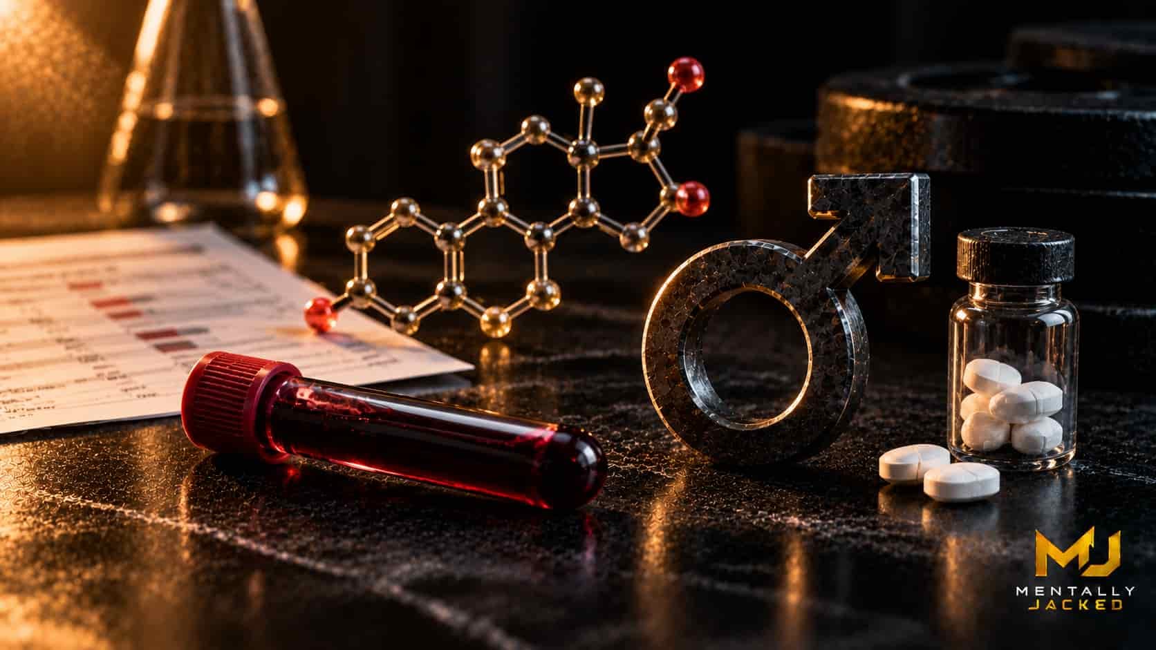 Plain white tablets beside a folded lab report, representing the aromatase inhibitor and estradiol testing decisions men on TRT face