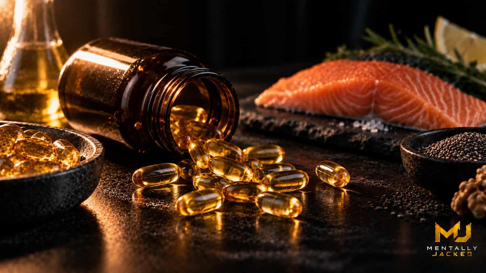 Translucent golden fish oil softgels glowing on a dark surface, representing the EPA and DHA content that the label total hides