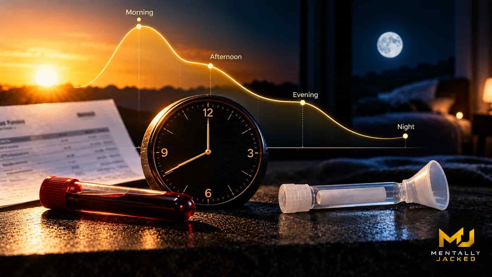 A small dark-faced analogue alarm clock beside a sealed saliva collection tube on a charcoal surface, representing cortisol rhythm testing