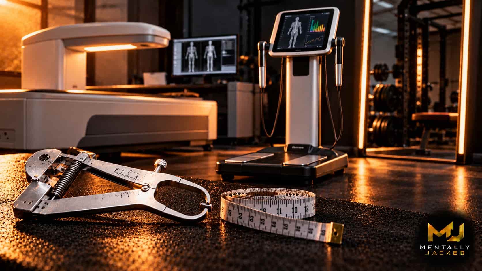 A stainless steel skinfold calliper beside a coiled dark cloth measuring tape on a dark charcoal surface, representing body fat measurement methods