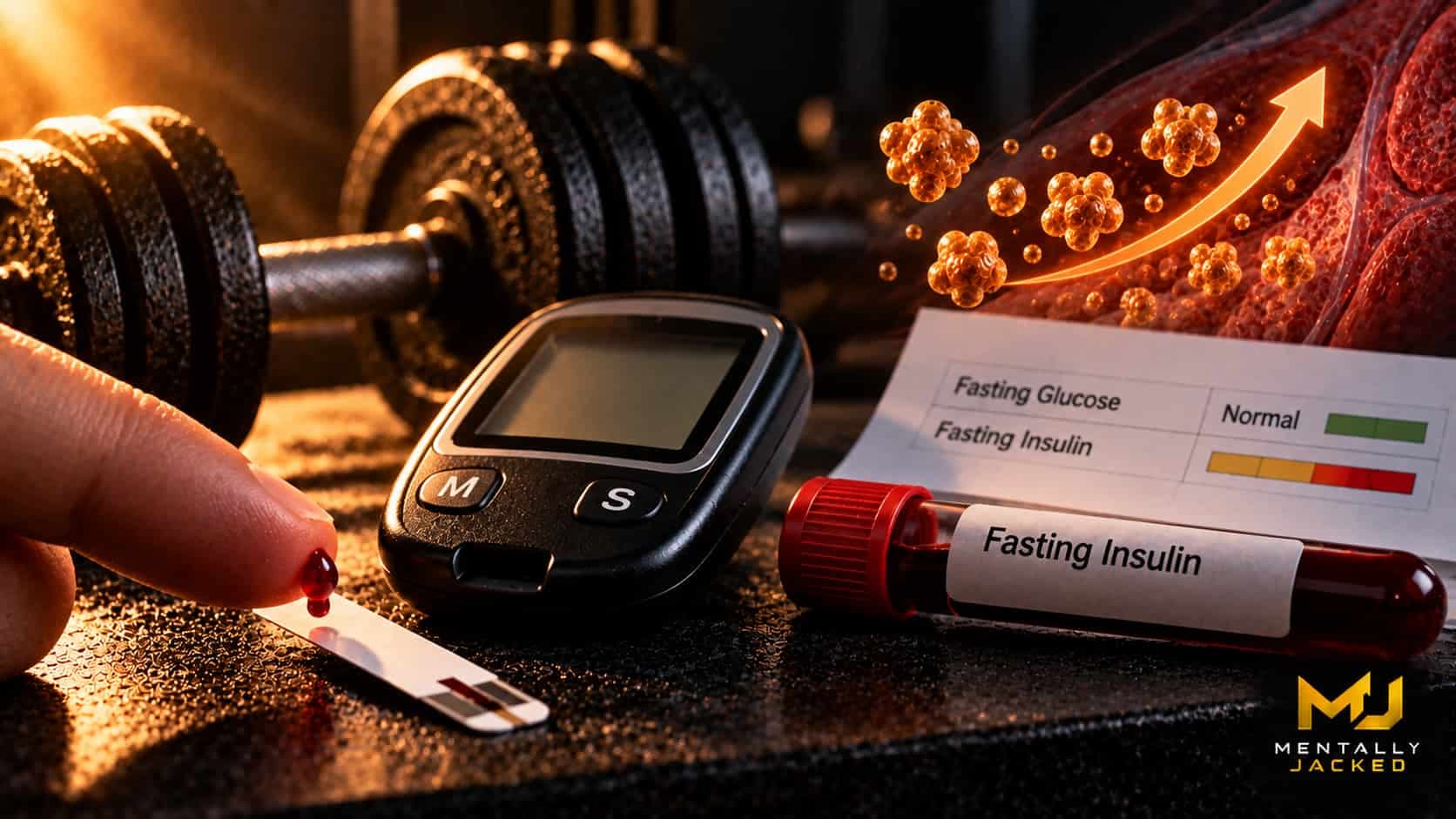 A single drop of dark red blood on a white glucose test strip beside a compact glucose meter with a blank screen, on a dark surface