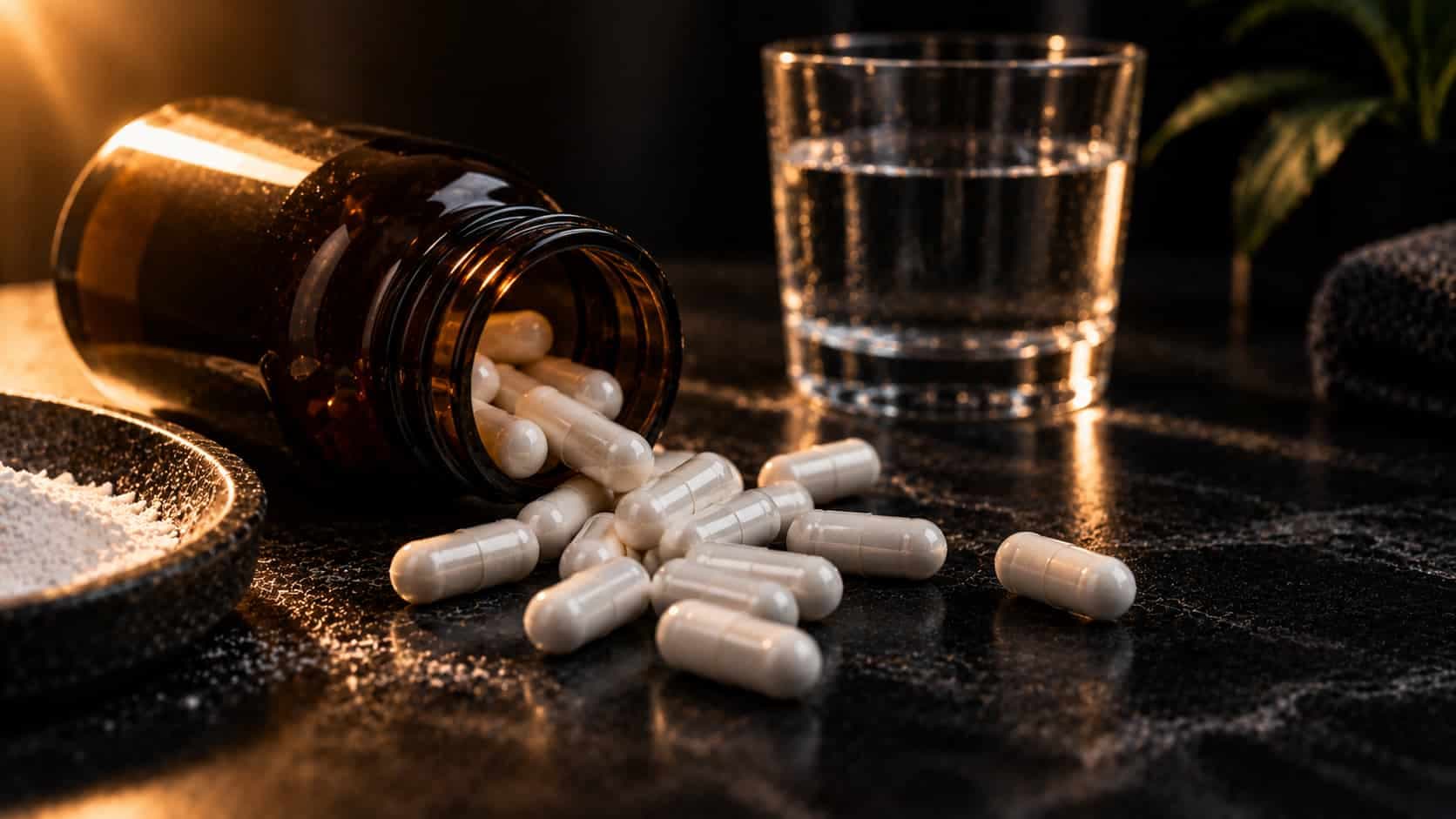 Unbranded white capsules scattered beside a glass of water, representing the different absorbable forms of magnesium