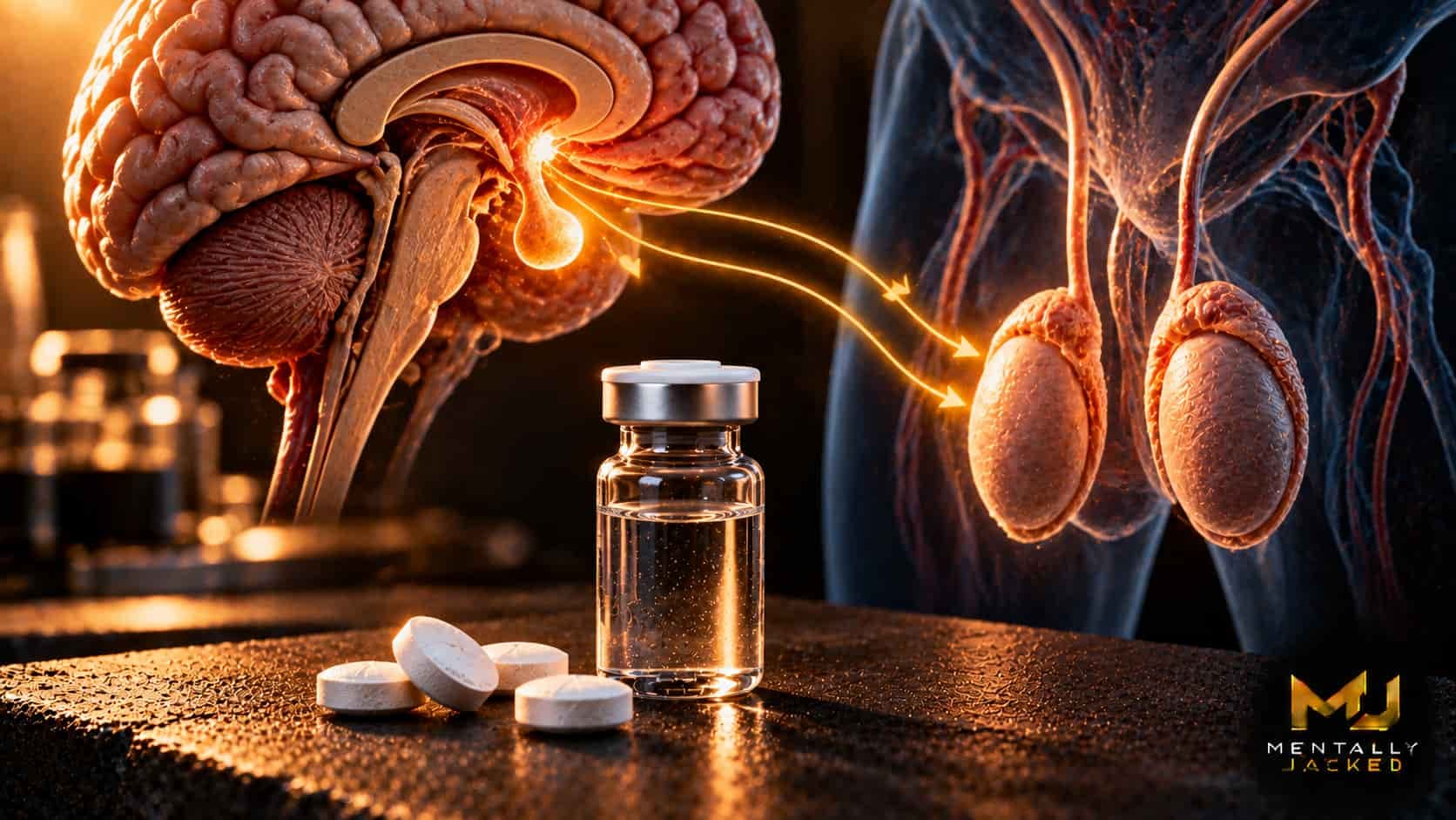 Three small unmarked white tablets in a row on a dark slate coaster beside a small clear glass vial with a silver crimp cap, on a dark surface