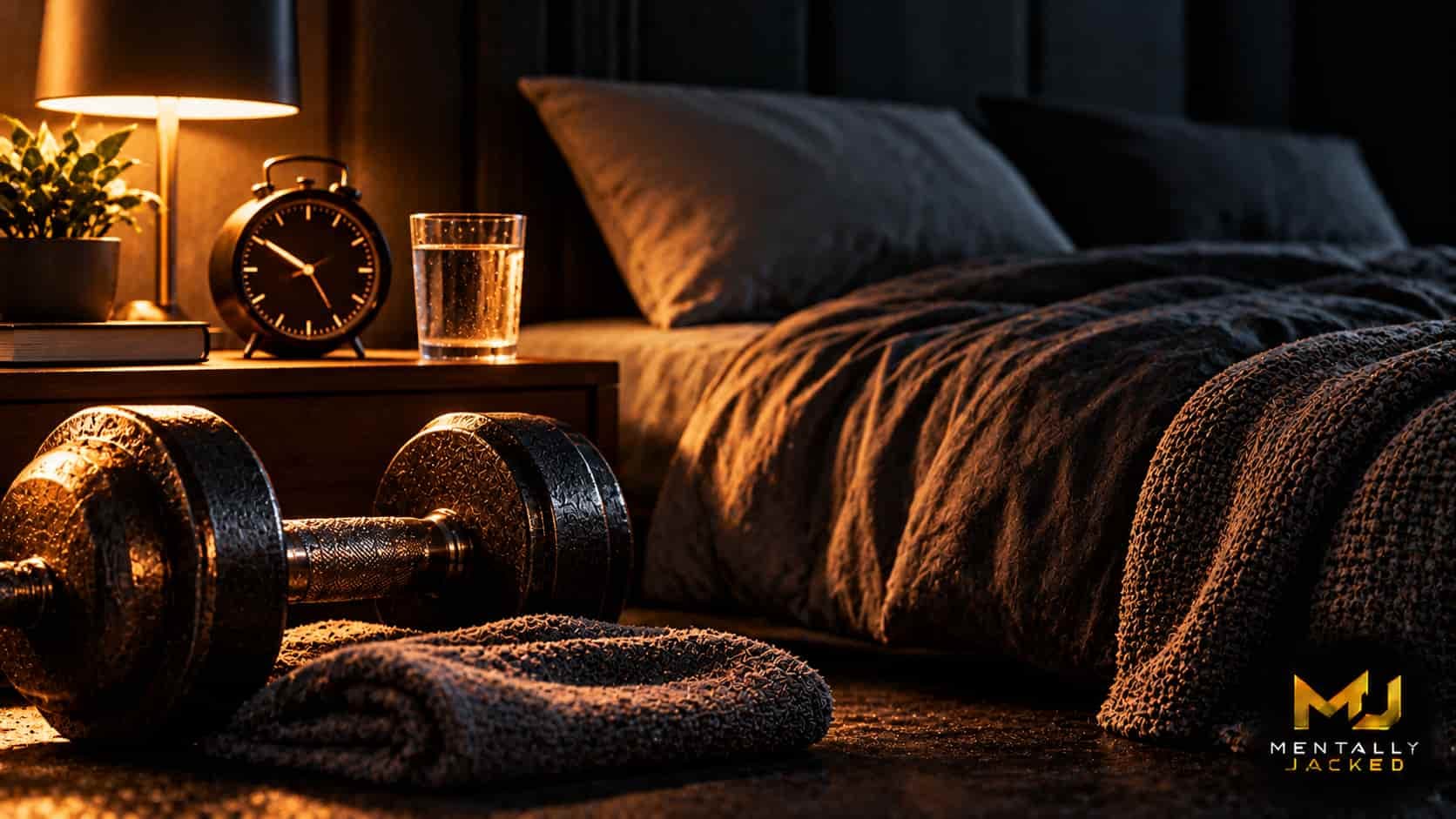 A dark bedroom scene with a wooden bedside table holding a dark-faced analogue clock and a glass of water, with a folded grey blanket