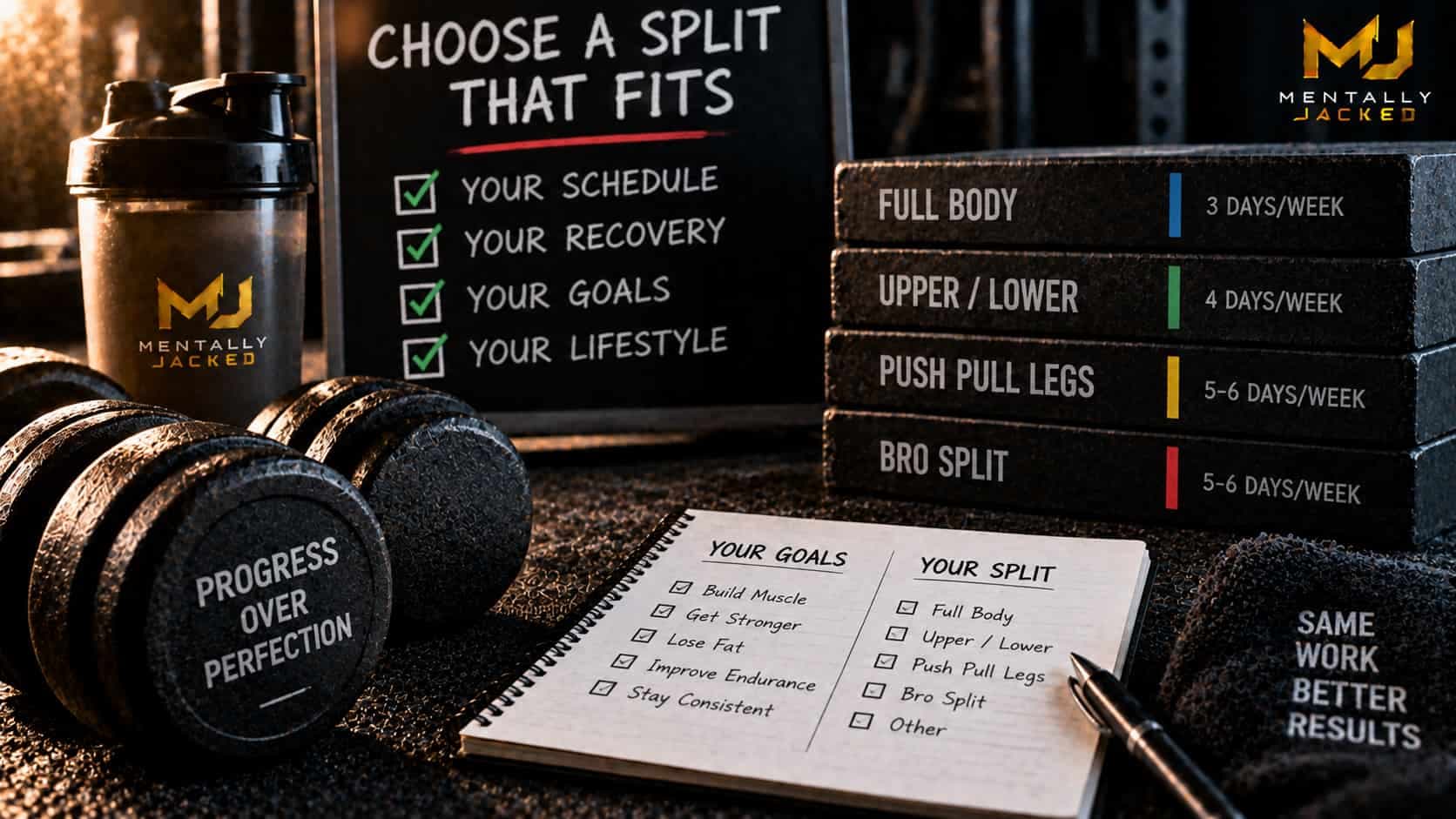 The loaded end of an Olympic barbell with black plates on a dark gym floor, representing choosing a weekly workout split