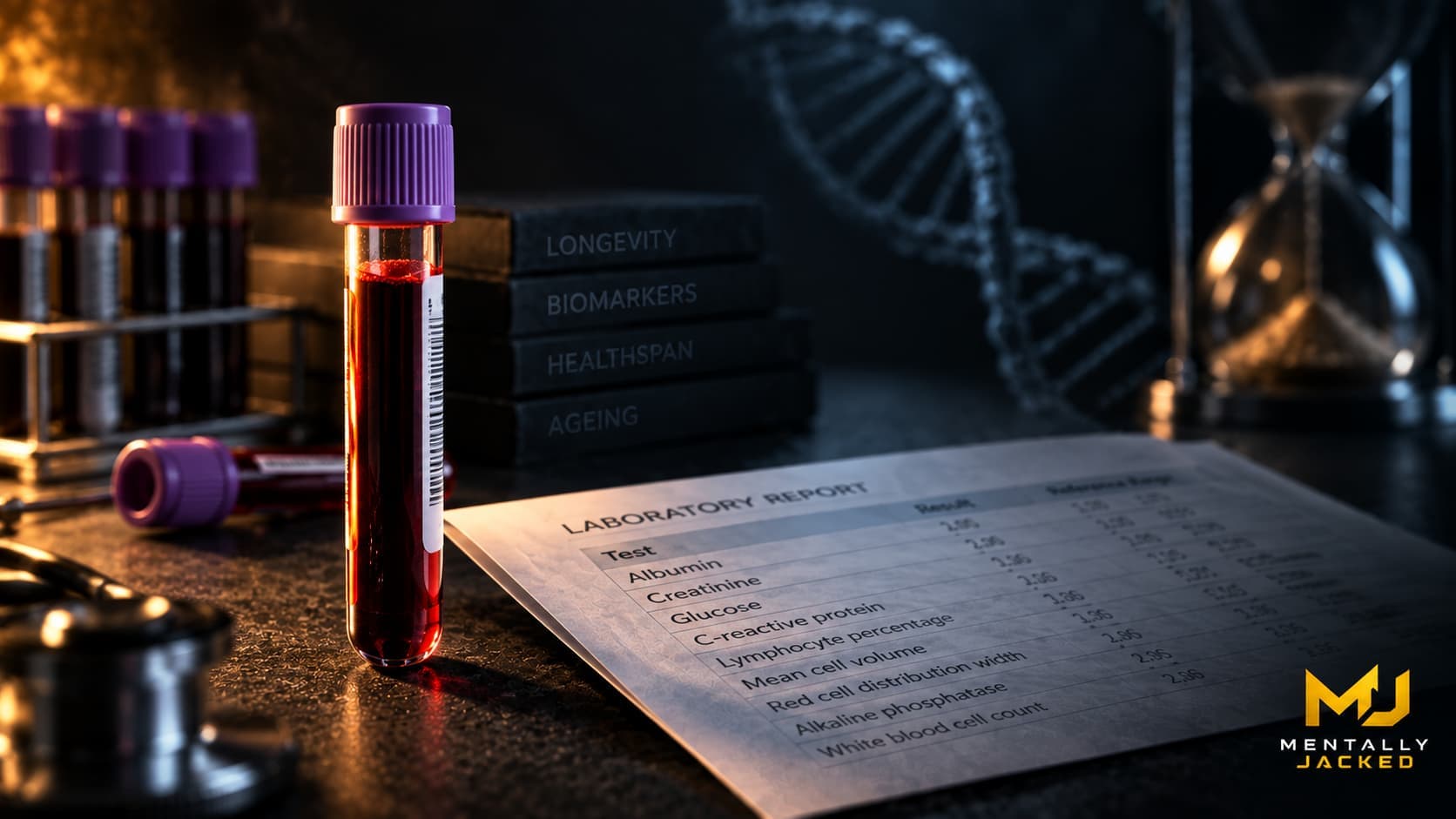 Blood sample tubes resting on a lab report, representing the nine blood markers used to calculate phenotypic age